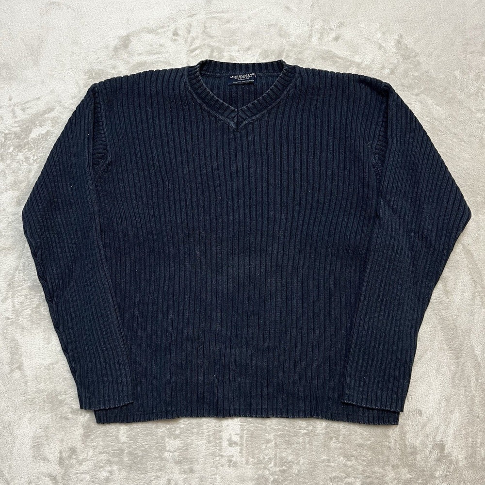 American Eagle Mens XL Navy Blue Ribbed V-Neck Cotton Knit Sweater Vintage Look